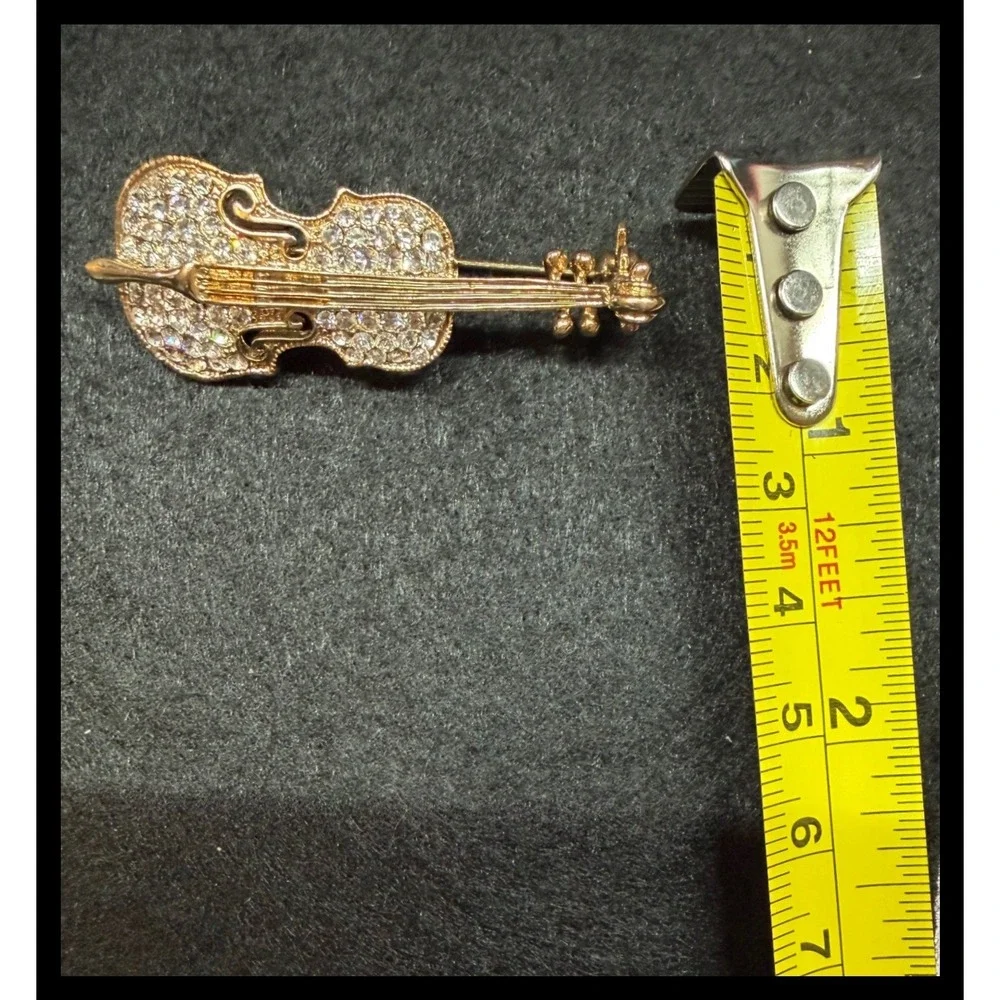 Violin Brooch Pin Small Gold Rhinestone Musical Instrument Jewelry